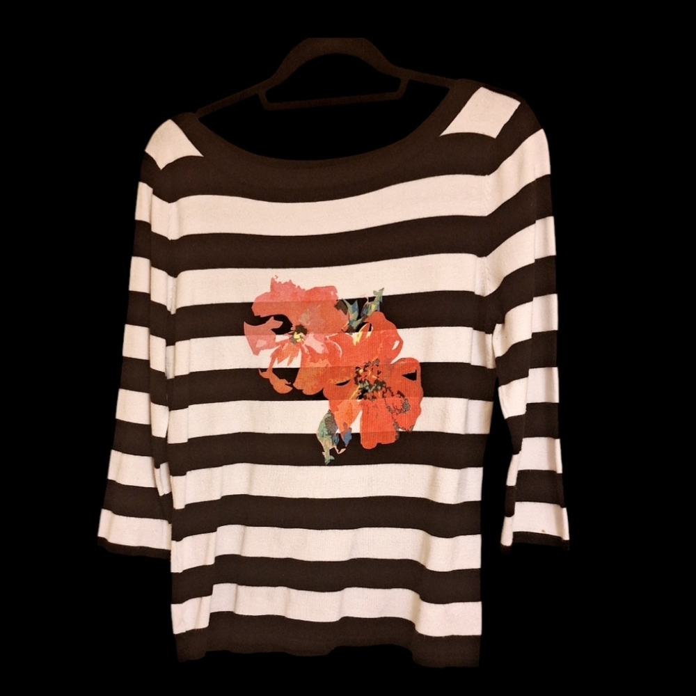 ❤️Venini Sweater SZ XL Black White Pink Pull-Over Striped Top Floral 3/4 Sleeved